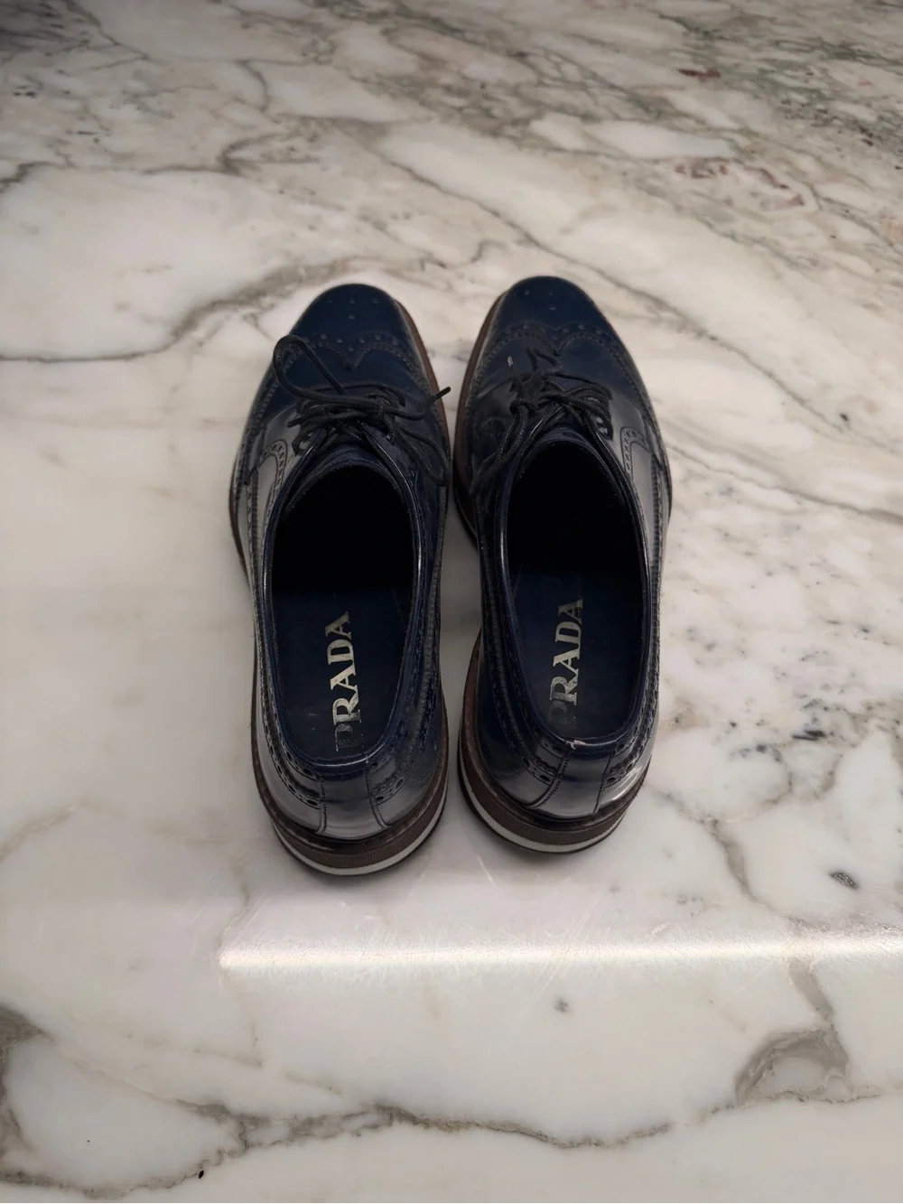 Prada Navy Leather Brogue Platform Derbys